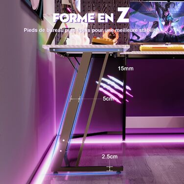 Ігровий кутовий стіл Devoko 130x130 см з LED RGB-підсвіткою, підставкою для монітора та гачком для навушників, карбоновий білий