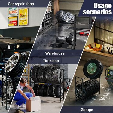 Стійка для шин BAOYOUNI на 4 шини/диски, 2 яруси, регульована, на колесах, для гаража, складу, майстерні, 57,2 x 37,3 x 114,6 см
