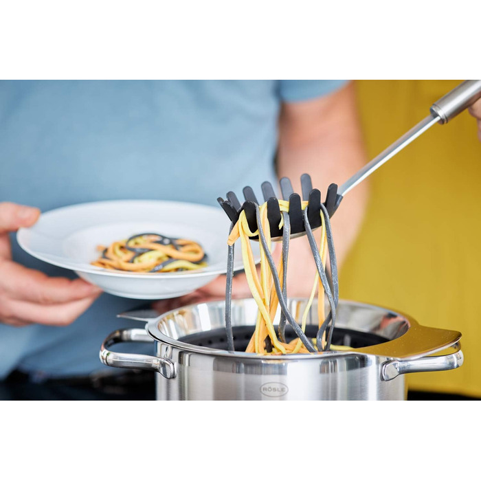 Силікон, високоякісний совок для сковороди з силіконовим обідком і круглою ручкою, нержавіюча сталь 18/10, можна мити в посудомийній машині, 36 x 7 x 3,5 см, чорний (сервер для спагетті)