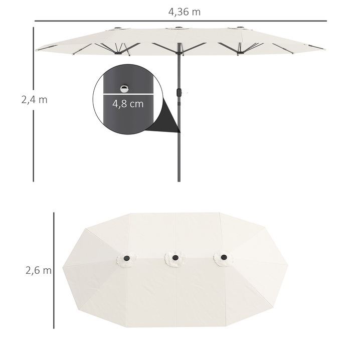Outsunny Double Parasol 436 x 260 см, Сталева парасолька із захистом від ультрафіолету з ручною рукояткою, Овальна балконна парасолька Пляжна парасолька Вітрозахисна стабільна ринкова парасолька Колінчастий парасольку для пляжного балконного саду, бежева