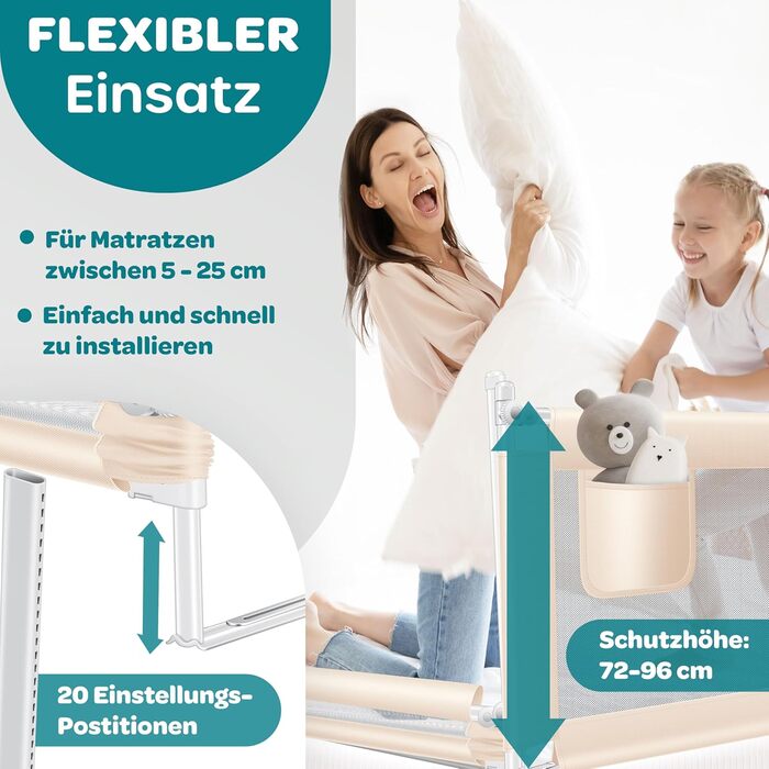 Захисний бортик для ліжка KESSER® 150 см, сітчастий, складаний та регульований по висоті, захист від випадання для дітей та немовлят, бежевий