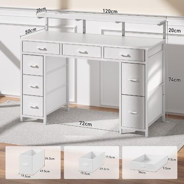 Комп'ютерний стіл з 8 висувними ящиками, 2 розетками та USB-портами, LED-підсвічуванням та підставкою для монітора, 120 x 50 x 74 см, білий