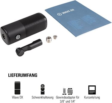 Elgato Wave DX — динамічний XLR-мікрофон для подкастів, стрімінгу та трансляцій, кардіоїдна діаграма, шумозаглушення, не потребує підсилювача, сумісний з Mac/PC