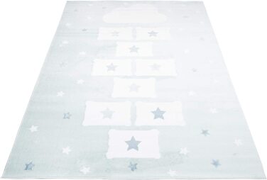 Дитячий килим TAPISO, дитячий килим з коротким ворсом, сірий, білий, рожевий, синьо-сіро-коричневі квіти, місячний кролик, сучасна дитяча кімната (80 х 150 см, синьо-білий)