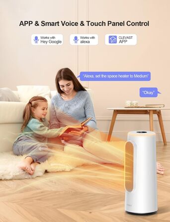 Керамічний обігрівач CLEVAST 1500W з терморегулятором та таймером, 83°C, осциляція, для спальні/офісу (Small)