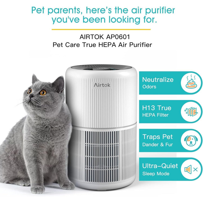 Повітряний очисник AIRTOK з ароматерапією, фільтр HEPA H13, 4-ступенева фільтрація, для алергіків, 3 швидкості