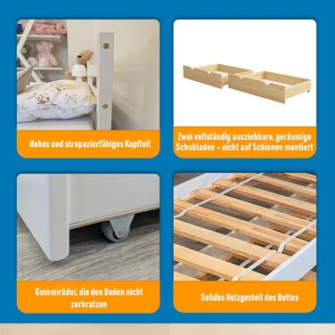 Дитяче ліжко Врубель 90x200 см з 2 шухлядами та ламелями - односпальне ліжко з масиву сосни - ліжко Монтессорі для дітей - ліжко-юніор білого кольору - без матрацу