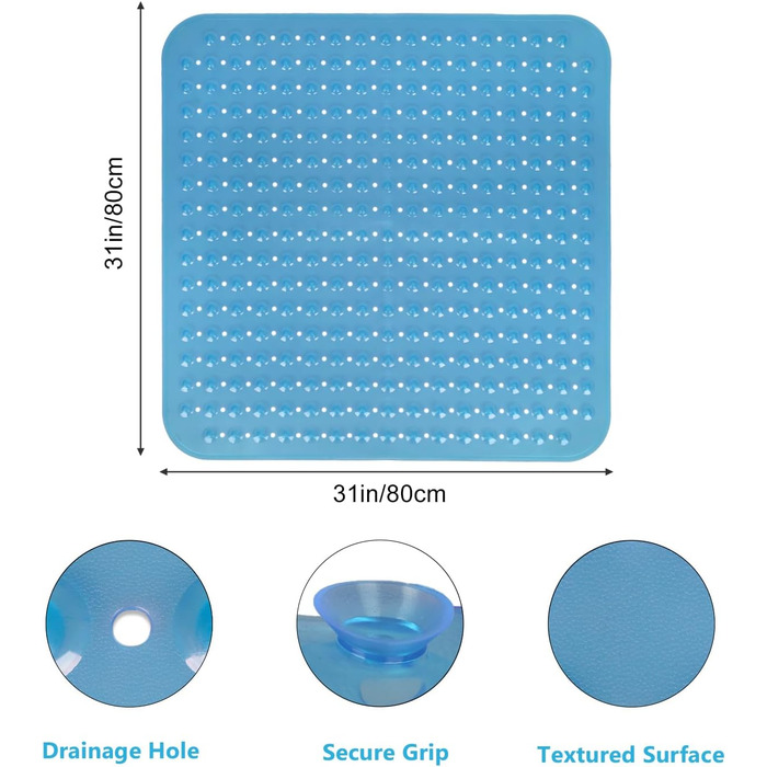 Килимок для душу нековзний 80x80, душова вставка з присосками, протиковзкий килимок PVC Non Slip (синій)