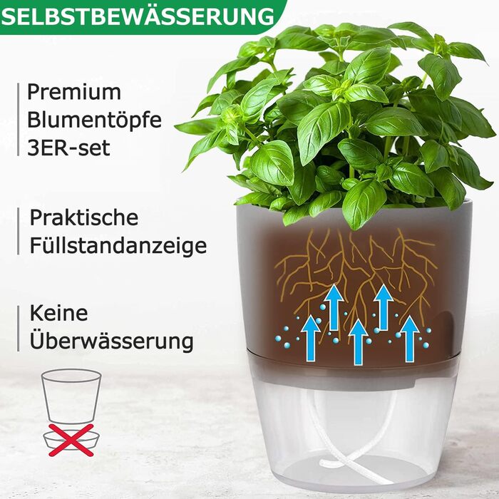 Набір горщиків для трав на кухню, самополив, 3 шт. (18.2x11x15.3 см), сірий