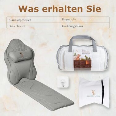 Подушка для ванни повний корпус (126x41 см) з підголівником (13 см) - біла (антрацит) - підтримка шиї, спини та ніг + сумка для прання та подорожей