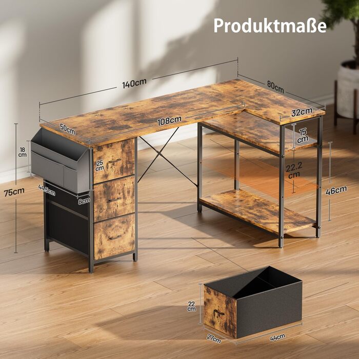 Комп'ютерний стіл HLONONE L-подібний з 3 висувними ящиками для тканини, з полицями та бічною кишенею, для офісу, геймінгу та дому, білий (140 x 80 см, коричневий)