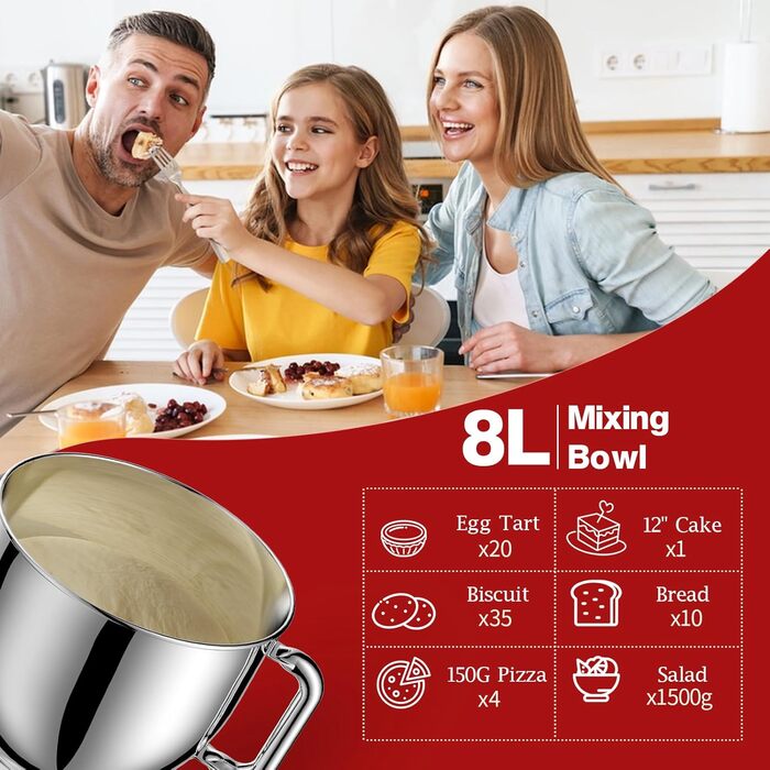 Кухонна машина 1500W 8L з 6 швидкостями, функцією ферментації та LCD-дисплеєм. Комплектується міксером, гаком для тіста та вінчиком (срібна)