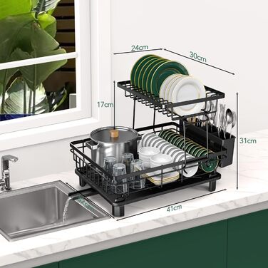 Сушарка для посуду ROTTOGOON розширювана, 2-ярусна, чорна: нержавіюча сталь, з висувним носиком та відділенням для столових приборів