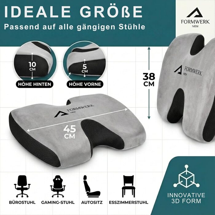 Ортопедична подушка для сидіння преміум-класу - Ergonomisches Sitzkissen для офісу та авто з 3D Memory Foam, сертифікат OEKO-TEX-100 (65-100 кг), сірий колір