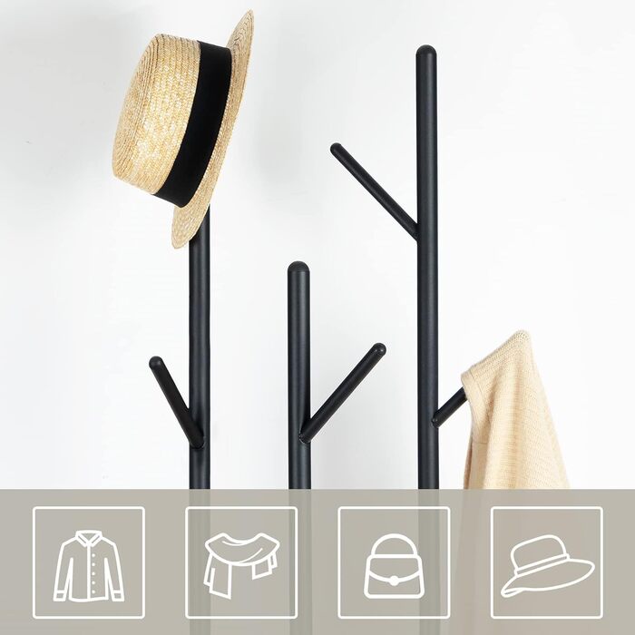 HOOBRO Стійка для одягу, вільна стоянка, вішалка для одягу у вигляді дерева з 8 гачками, 2 круглі полиці, для одягу, капелюхів, сумок, вітальні, спальні, офісу, темно-коричневий + чорний