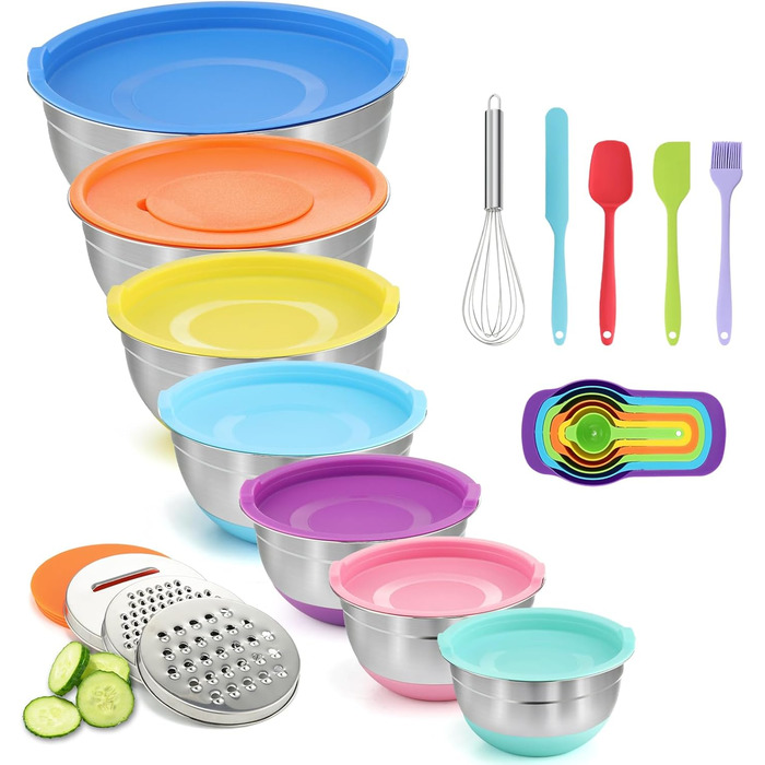 Набір міксерів BEWOS 7 шт. з кришкою, нержавіюча сталь, різні розміри (0.7-4.5 Qt)