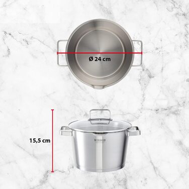 Каструля Meisterkoch з нержавіючої сталі 16 см Ø | з виливом, мірною шкалою та ізольованою ручкою | 1 скляна кришка з дрібним та великим ситом | посуд з нержавіючої сталі, підходить для індукційних плит (24 см)