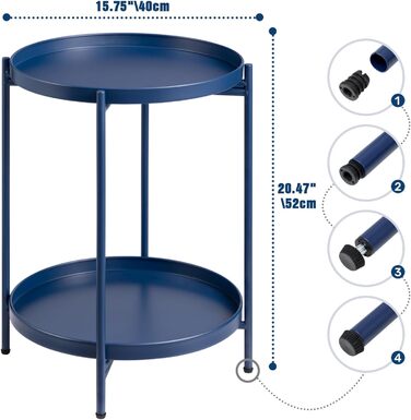 Круглий журнальний столик HollyHOME, 2 яруси, металевий піднос, столик для закусок, журнальний столик, балкон, відкритий, темно-синій