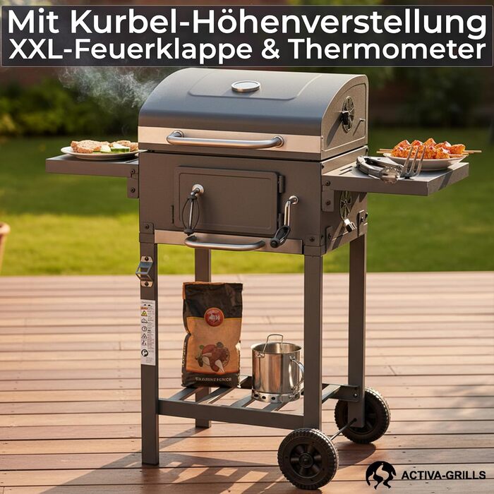 ACTIVA Гриль на вугіллі Angular Smart I з кришкою, регульованою кошиком для вугілля та термометром | Гриль-візок для барбекю