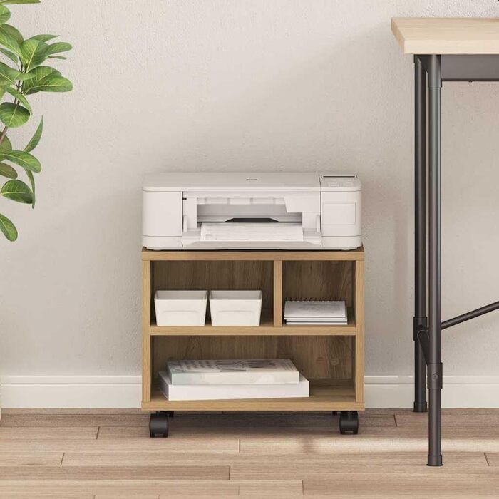 Підставка для принтера на колесах з місцем для зберігання, білий ДСП (дуб ручної роботи)
