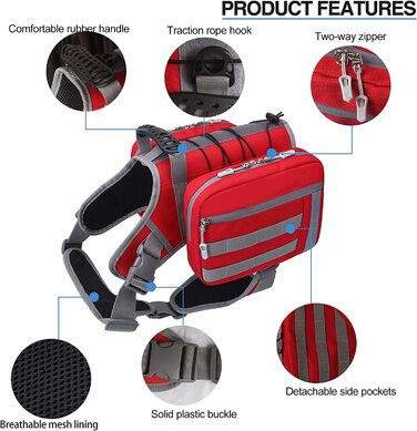 Рюкзак-сідло для собак BYGD, полегшений знімний рюкзак для вигулу собак, водонепроникний рюкзак для собак, собак середнього розміру, для прогулянок на свіжому повітрі (червоний / прогулянковий, однотонний (тверді матеріали для відпочинку))