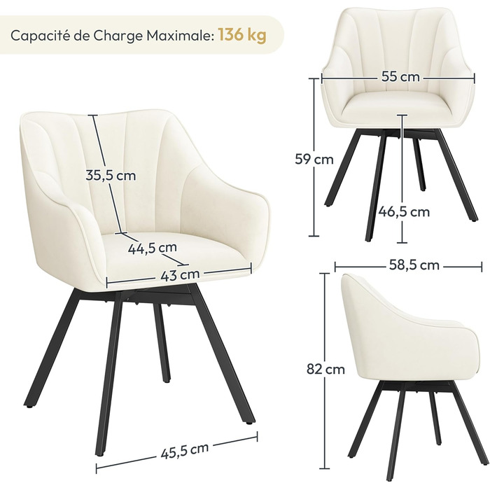 Крісло Yaheetech для кухні/їдальні/вітальні, обертається на 360°, з підлокітниками та металевими ніжками (Бежевий)