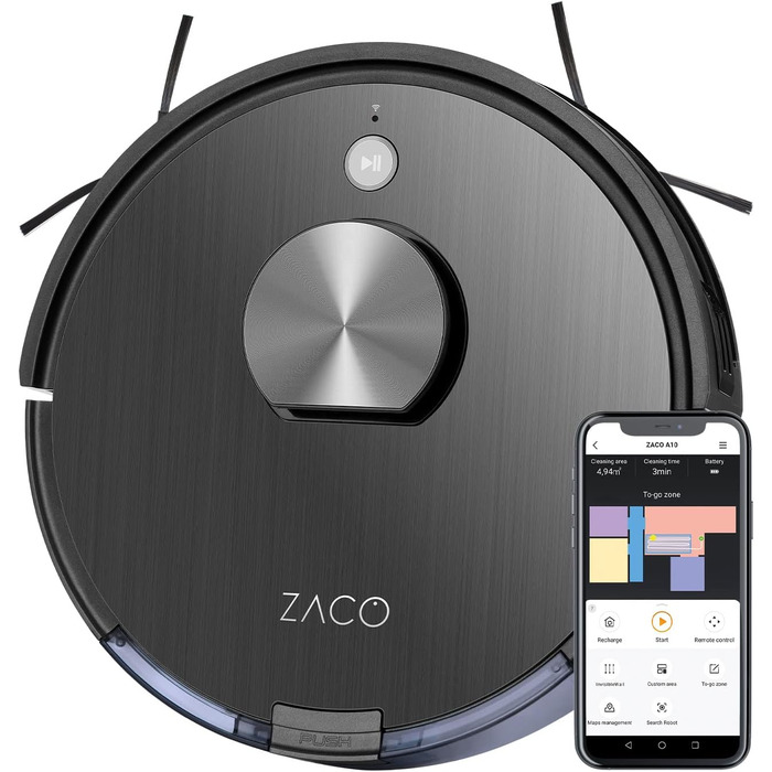 Робот-пилосос ZACO A10 з функцією миття та лазерною навігацією, до 2 годин роботи, з картуванням, зонами заборони, керуванням через додаток та Alexa, для паркету та шерсті тварин, тихий, розумний