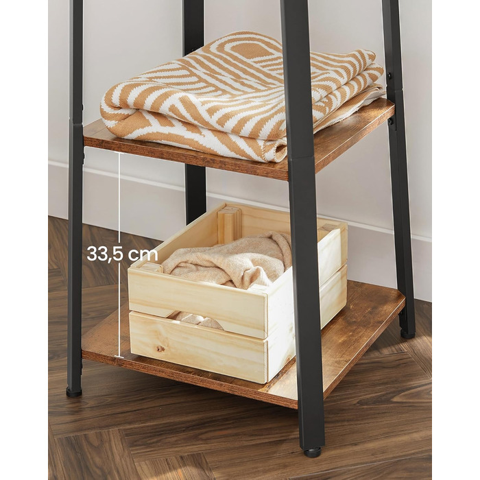 Стійка для одягу VASAGLE з 8 гачками, 4 полицями та перекладиною, металевий каркас, для шарів, курток, сумок, для прихожого, золотий дуб + білий (вінтажний коричневий + чорний)