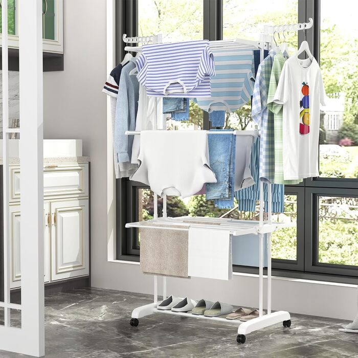 Сушарка для білизни SIMPDIY вертикальна баштового типу, розкладна сушарка з 6 крилами та 2 бічними панелями на колесах для дому та вулиці, біла