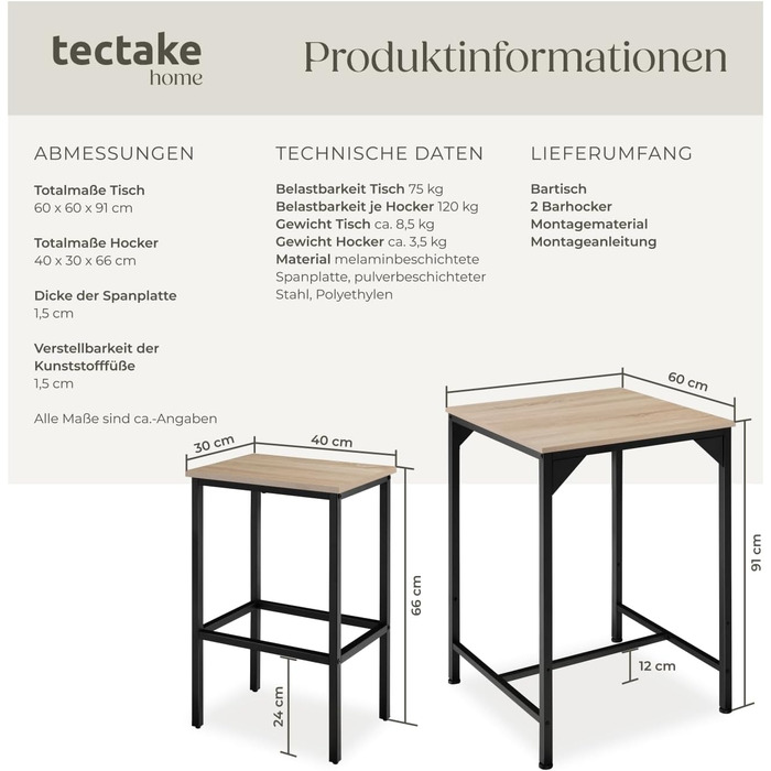Набір барних меблів tectake® (стіл + 2 стільці) Industrial Style, світле дерево (Eiche Sonoma)