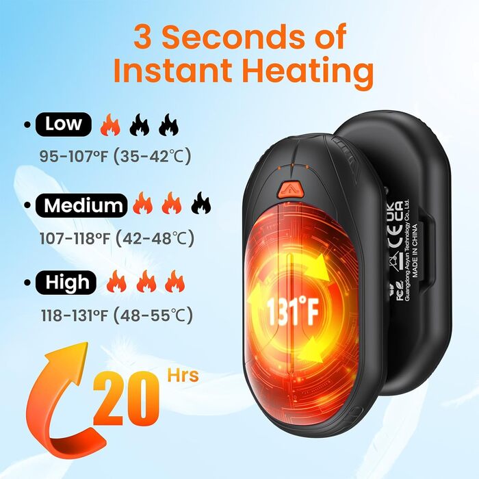 Електричні грілки для рук USB, 2 шт. - багаторазові, 3 режими нагріву, 20 годин роботи, для кемпінгу та активного відпочинку. Чорний колір.