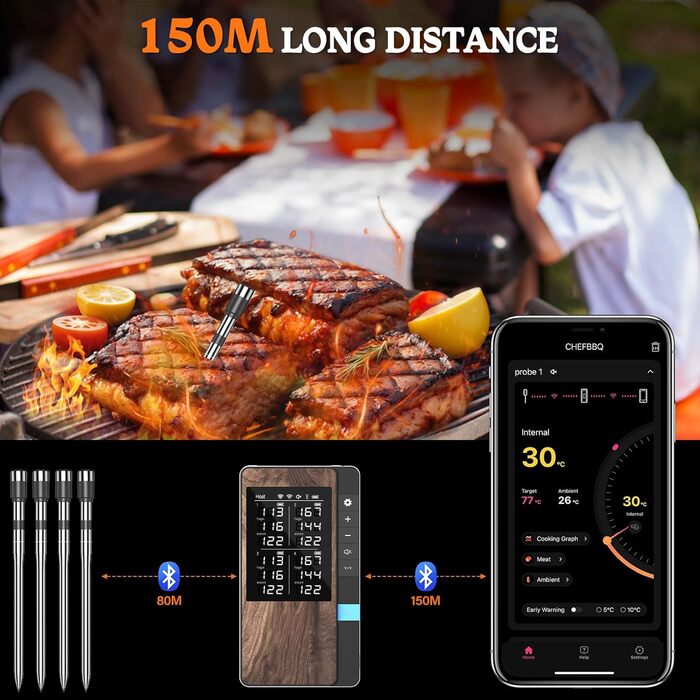 Бездротовий набір термометрів для м'яса (4 шт.) з Bluetooth, водонепроникні (IP67), для приготування на грилі, в духовці, мангалі, ротатерії, фритюрниці