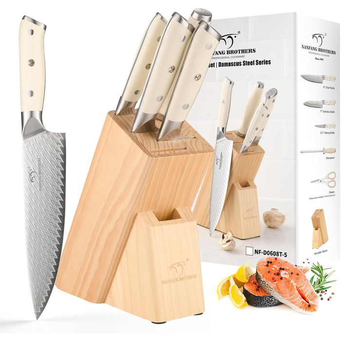 Набір кухонних ножів NANFANG BROTHERS Profimesser Damaskus 5 предметів з дерев'яним блоком, з дамаської сталі, нержавіюча сталь