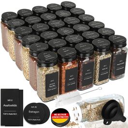 Набір контейнерів для спецій на 30 штук з мірками та вологостійкими етикетками, 120 мл, чорний, з кришками