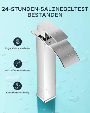 Змішувач для ванної кімнати FORIOUS з водоспадом, одноручний, для умивальника, хром, висота виливу 80 мм, економія води та енергії