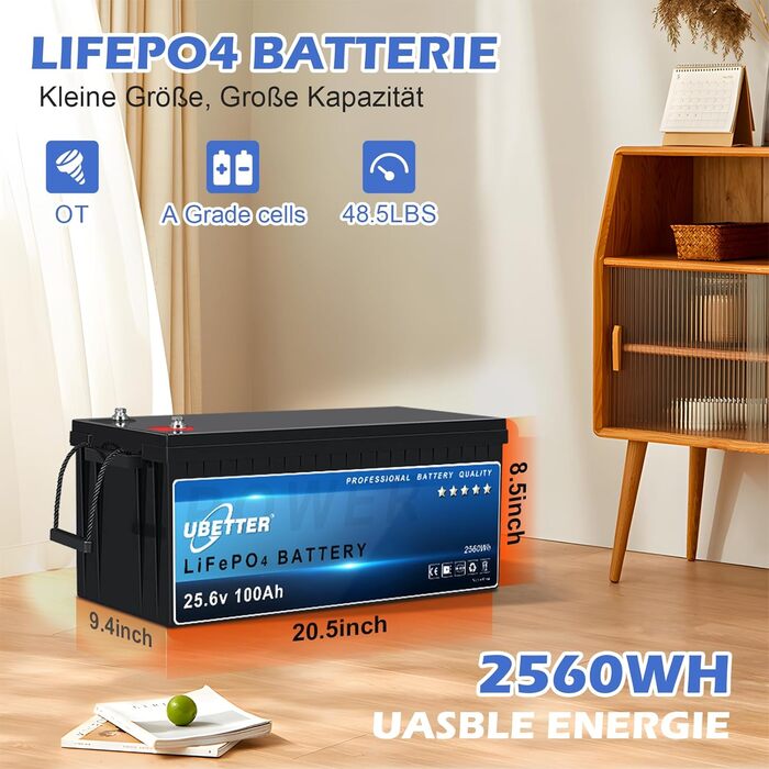 Літієва батарея UBETTER LiFePO4 24V 100Ah, 2560 Вт, 4000 циклів, заміна на AGM, для автофургонів, морських, сонячних