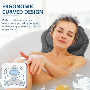 Подушка для ванни LuxStep з Air-Mesh тканини та 6 антиковзними присосками, для підтримки голови, шиї та спини, аксесуар для ванної кімнати, сірий колір