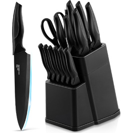 Набір кухонних ножів TEAMFAR 15 предметів з підставкою, нержавіюча сталь, з точильним каменем, антипригарне покриття, чорний