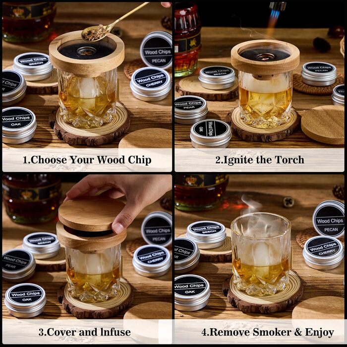 Набір для копчення віскі – Old Fashioned Cocktail Geschenkset з 6 ароматичними дерев'яними чіпсами, 4 гранітними камінцями, запальничкою та аксесуарами для любителів віскі та коктейлів (без бутану) (силіконова куля & гранітні камені)