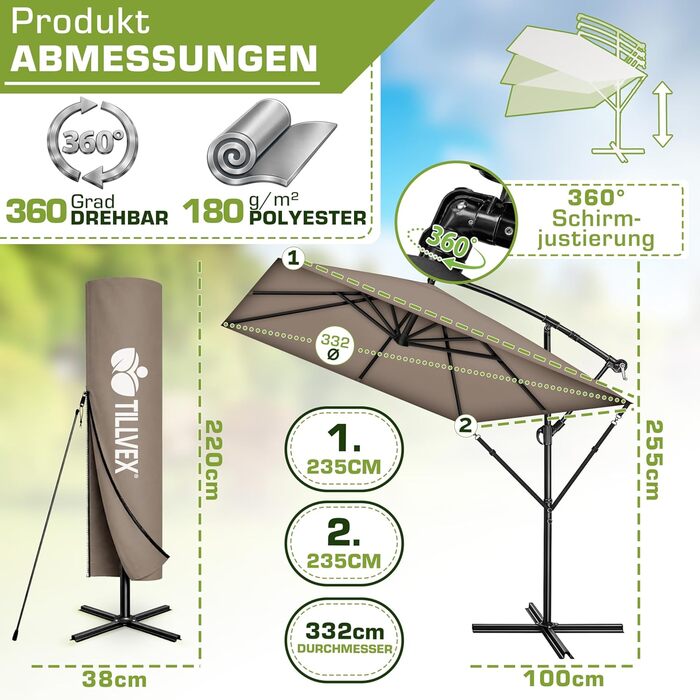 Прямокутна алюмінієва парасолька від сонця tillvex® 330 см з ручкою-котушкою, чохлом та стійкою, водовідштовхуюча, UV-захист, поворотна на 360°, колір капучино