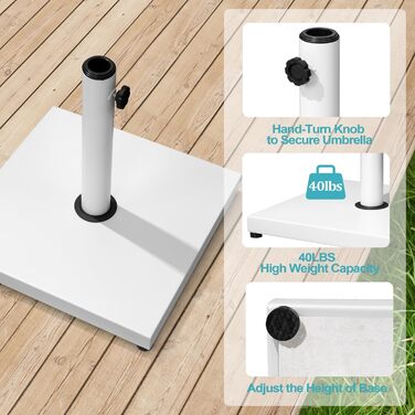 Підставка для парасольки на терасу, 18,1 кг, міцна квадратна підставка з бетону, підставка для ринку з текового дерева (з колесами) (Білий/розкішний сад)