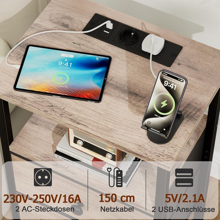 Нічний столик AMHANCIBLE з підзарядкою, приліжний столик з висувними ящиками з тканини, журнальний столик з відкритою полицею, з 2 USB-портами та 2 розетками, для спальні, вітальні, сірий HETS020GY-1