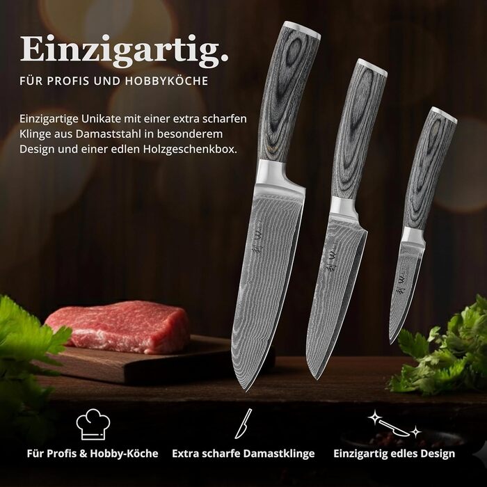 Набір кухонних ножів Wakoli Edis Damast: Сантоку великий та малий, ніж для овочів, універсальний ніж з 67 шарів дамаської сталі (серцевина VG10), ручка з паккавуда, в дерев'яній коробці