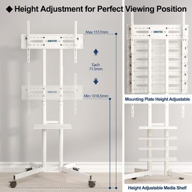 Тумба під телевізор BONTEC з колесами, регулюється по висоті для телевізорів 32-85 дюймів, до 60 кг, VESA 600x400 (біла)