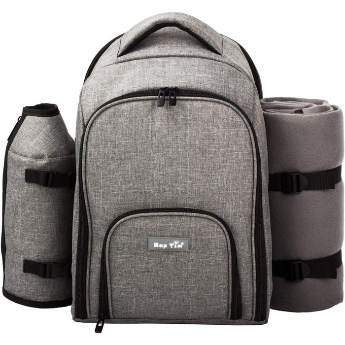 Рюкзак для пікніка Hap Tim на 4 особи з термокишенею, підставкою для пляшок/вина, флісовою ковдрою, тарілками та набором столових приборів. Ідеально для відпочинку на природі, спорту, походів, кемпінгу та грилів. (EU-3065, Сірий)