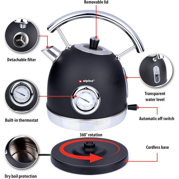 Електричний чайник Alpina - Ретро - 1,8 л - Вбудований термостат - Захист від википання - Прозорий індикатор рівня води - Чайник - Чорний - 1850-2200 Вт Ø22xH28см Чорний