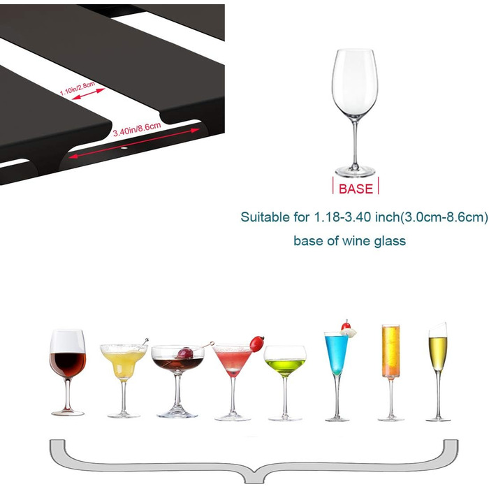 Тримач для келихів SIMVE під шафу, 41.9 см, нержавіюча сталь, для винних келихів, настінний, органайзер, чорний, 4 ряди