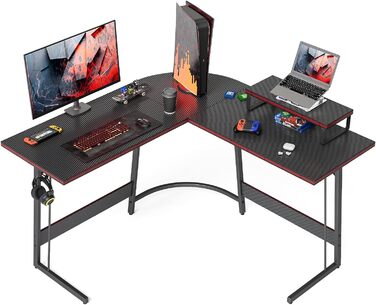 Ігровий кутовий стіл CubiCubi 120 x 120 см, L-подібний стіл для геймінгу, комп'ютерний стіл з підставкою для монітора, кутовий стіл, простий монтаж, карбонове покриття чорного кольору