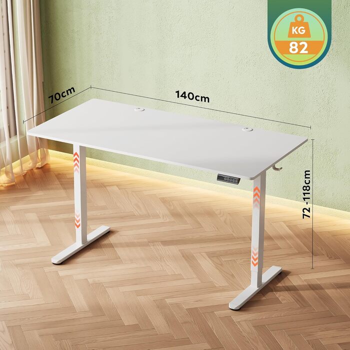 Регульований стіл Devaise 100x60 см з однією стільницею та тихим мотором, стіл для стоячи/сидячи з функцією пам'яті на 3 положення, ергономічний комп'ютерний стіл для офісу, білий (140x70 см, білий)