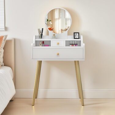 Трюмо YuYe з LED-підсвічуванням, регульованою яскравістю, з пуфом, 5 шухлядами та 3 полицями, сучасний дерев'яний комод для макіяжу білого кольору (121)